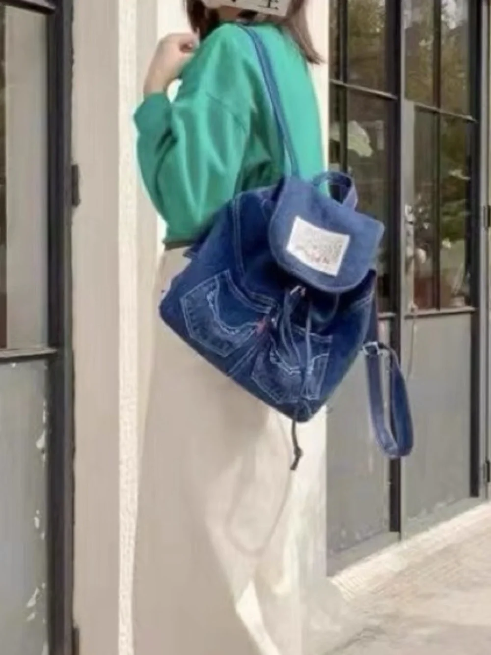 Vintage Denim Drawstring Backpack | Contrast Stitch Utility Bag